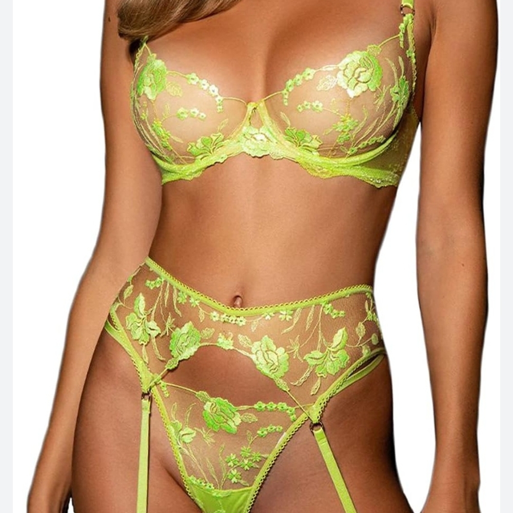 Honey Birdette Neon Green Floral Lace Bra Set